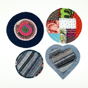 Patchs ronds appliqués en denim recyclé, embellissements de coeurs, réparation visible Patch brodé Boro coloré cousu à la main
