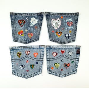Parches Bolsillos de mezclilla reciclados Corazones coloridos bordados a mano Apliques Parche para coser Adorno Remiendo visible Parches cosidos a mano