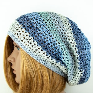 Beanie Cotton Hand crocheted Mesh Long Oversize Slouchy Lightweight Beach Hat Cap Boho Hippie Striped Blue Light Blue Beanie Summer hat