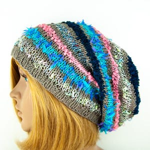Beanie Cotton Hand knitted Striped Fancy yarn Long Oversize Slouchy Unisex Hat Cap Boho Hippie Beanie Colorful Multicolor Knit Hat