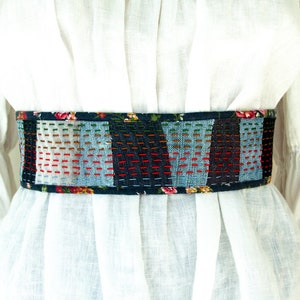 Wide Belt Boro Upcycled Denim Patchwork Hand embroidery Artisan Boho Hippie Gipsy Grunge Multicolor Women's Fabric Cloth belt Cotton fabric