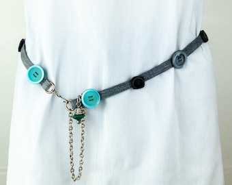 Hip Belt Upcycled Denim Turquoise Buttons Silver Metal Chain belt Artisan Boho Hippie Links Tie belt Women's Charm belt Vintage Buttons