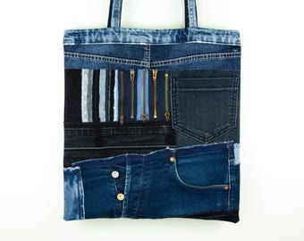 Tote Bag Patchwork Upcycled Denim with Pockets and Zips Artisan Boho Hippie Shoulder Bag Cloth Bag Denim Shopper Unisex Denim Tote Bag