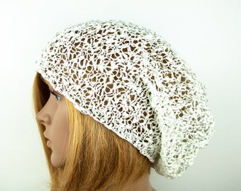 Summer Beanie Cotton Hand knitted Long Oversize Slouchy Hat Boho Hippie Casual Beanie White Buckle Hat Lightweight Beanie Hat Cap