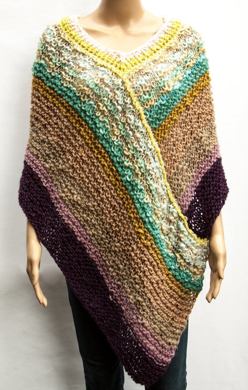 Poncho Boho Hippie Vagabond Oversize Hand knitted Chunky Slouchy knit Stripes multicolor Alpaca Merino wool Mohair