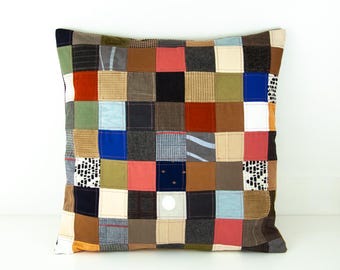 Cushion Pillow Cover Quilted Patchwork Colorful Fabrics Boho Eclectic Home Decor Artisan Multicolor Throw Pillow Wool Cotton Pillow