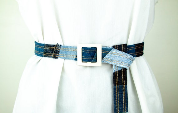 Upcycled Boho Denim Patchwork Waist Belt Size 12 Upcycled Denim Patchwork Belt: Ripped Jean & Leather Wrap - Etsy main image 4