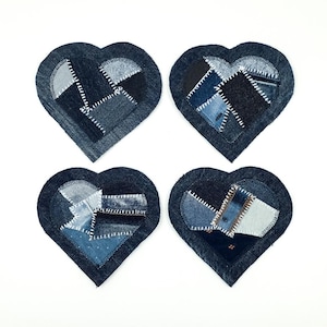 Naszywki Boro, ręcznie szyte, patchworkowe, aplikacja z recyklingowanego denimu, serduszka, naszywki ozdobne, widoczne cerowanie, ręcznie szyte, rzemieślnicze naszywki