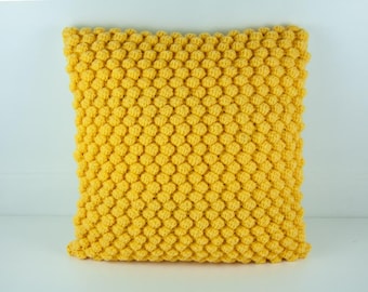 Cushion Pillow Cover Hand Crocheted Wool Designer Decorative Crochet Pillow Boho Eclectic Home Decor Yellow Wool Throw Pillow