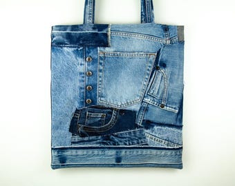 Tote Bag Patchwork Upcycled Denim with Pocket and Buttons Artisan Boho Hippie Shoulder Bag Cloth Bag Denim Shopper Unisex Denim Tote Bag