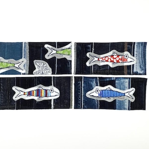Patches Upcycled Denim Patchwork with Applique Fishes Sew On Patch Embellishment Visible Mending Artisan Patches