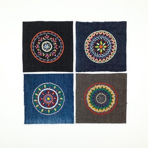 Patches Hand Embroidered Mandala Upcycled Denim Slow Stiching Hand stitched Sew On Patch Visible mending Embellishment Colorful Multicolor
