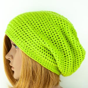 Beanie Hand Crocheted Mesh Long Oversize Boho Hippie Unisex Slouchy Crochet Beanie  Bright Neon Green Pistachio green Mesh Hat Cap
