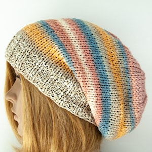 Beanie Cotton Hand knitted Striped Long Oversize Slouchy Unisex Hat Cap Boho Hippie Beanie Multicolor Pastel colors Knit Hat