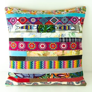Cushion Pillow Cover Patchwork Cotton Linen Fabric with Fishes Striped Pillow Home Decor Boho Eclectic Colorful Multicolor Throw Pillow