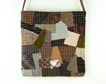Crossbody Bag Quilted Crazy Patchwork Brown Beige Fabric Shoulder Bag Artisan Boho Hippie Cross Body Bag Patchwork Cloth Fabric Bag