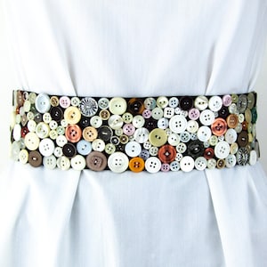 Wide Belt Vintage and New Buttons  Mother-of-pearl buttons Artisan Boho Hippie Fabric Cloth Women's belt Beige Gray Brown White Ivory belt