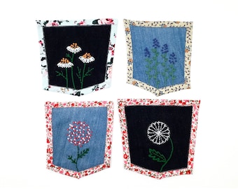 Patches Upcycled Denim Pockets Hand Embroidered Flowers Slow Stiching Sew On Patch Embellishment Visible mending Boho Hippie Patches