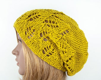 Summer Beanie Cotton Hand knitted Lace knit Long Oversize Slouchy Lightweight Hat Cap Boho chic Hippie Casual Crunge Yellow Mustard color