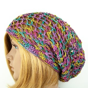 Beanie Cotton Hand crocheted Mesh Long Oversize Slouchy Lightweight Beach Hat Cap Boho Hippie Colorful Multicolor Bright colors
