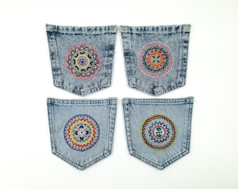 Écussons brodés à la main, mandalas brodés à la main, poches en denim recyclé, Boho hippie ethnique, embellissement d'écussons, raccommodage visible des écussons colorés