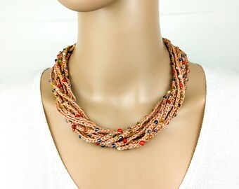 Multi-Strand Necklace Crocheted chain with Seed beads Colorful Artisan Boho Hippie Beaded Statement necklace Salmon Rose Beige Cotton