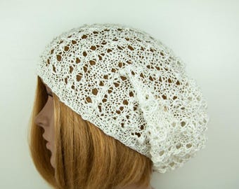 Summer Beanie Cotton Viscose Boucle Hand knitted lace Knit Long Oversize Slouchy Lightweight Beach Hat Cap Boho Hippie White Cotton Beanie