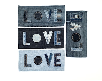 Patches Upcycled Denim LOVE Applique Sew On Patch Embellishment Visible Mending Artisan Denim Patches