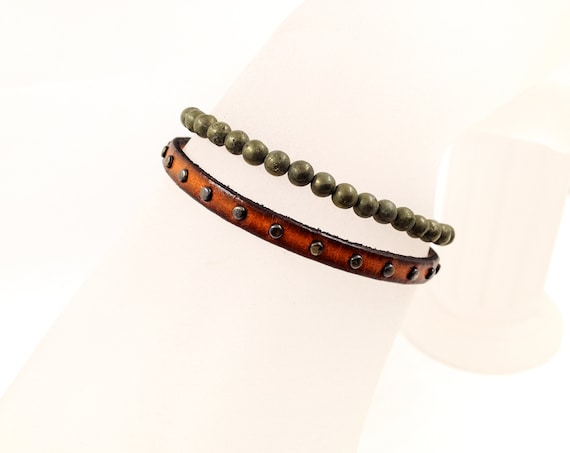 Wrap Bracelet Pyrite Leather 2 wraps Unisex Artisan Beaded Adjustable Brown leather Gemstone bracelet Boho Hippie Hipster