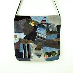 Crossbody Denim Bag Quilted Crazy Patchwork Upcycled Denim Shoulder Bag Artisan Boho Hippie Denim Cross Body Bag Unisex Denim Bag