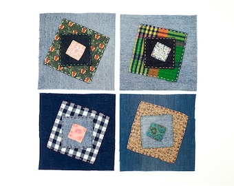 Patches Upcycled Denim Hand Embroidered Applique Squares Hand sewn Hand stitched Slow Stiching Sew On Patch Embellishment Visible mending