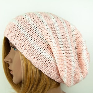 Beanie Silk Cotton Hand knitted Striped Long Oversize Slouchy Beanie Hat Cap Boho Hippie Casual Beanie White Rose Pastel colors