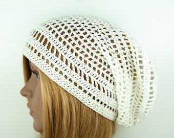 Summer Beanie Cotton Hand crocheted Lace Mesh Long Lightweight Slouchy Beach Hat Cap Boho Hippie Casual White Cotton Beanie Hat