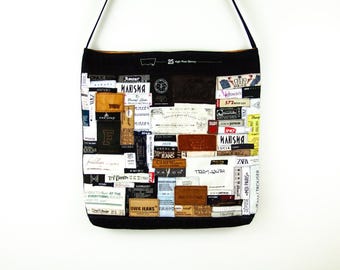 Bolso bandolera de mezclilla con patchwork y etiquetas, bolso de hombro de mezclilla reciclada, bolso bandolera de mezclilla artesanal, estilo bohemio hippie, bolso de mezclilla unisex.