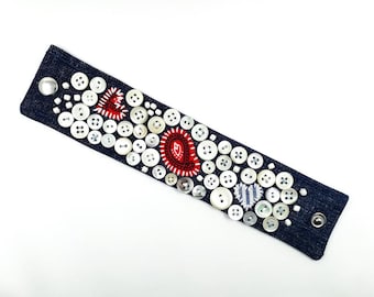 Cuff Bracelet Upcycled Denim with Mother-of-pearl Buttons Hearts Paisley Applique Artisan Boho Hippie Bracelet with Snap