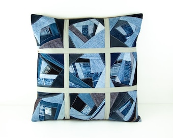 Upcycled Denim Patchwork Pillow - Jean Pocket Throw Pillow