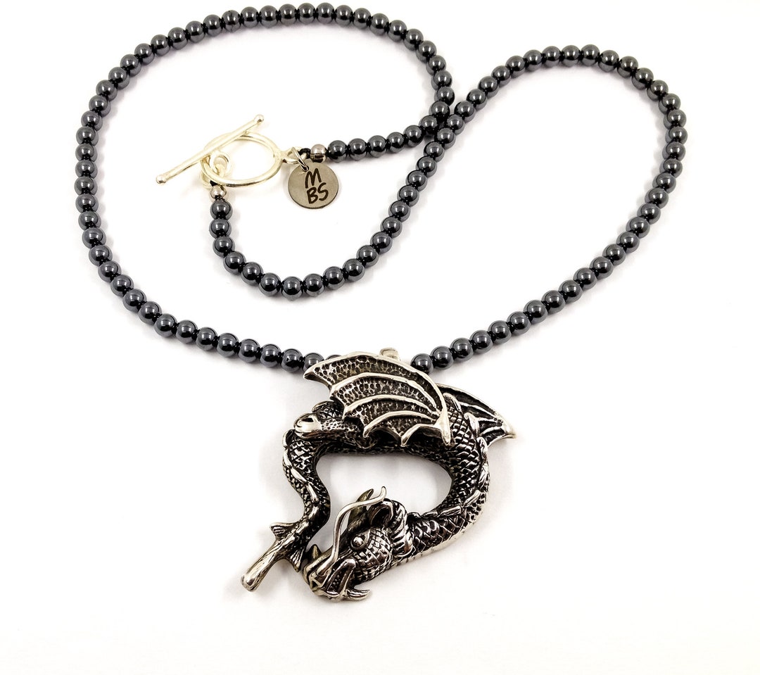 Necklace Sterling Silver Dragon Pendant Hematite Beads Artisan Unisex