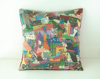 Cushion Pillow Cover Quilted Crazy Patchwork Upcycled Fabric Designer Decorative Pillow Boho Eclectic Home Decor Colorful Throw Pillow