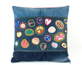 Reversible Throw Pillow Cover Hand Embroidery Applique Upcycled Denim Patchwork Artisan Cushion Pillow Cover Boho Eclectic Home Decor