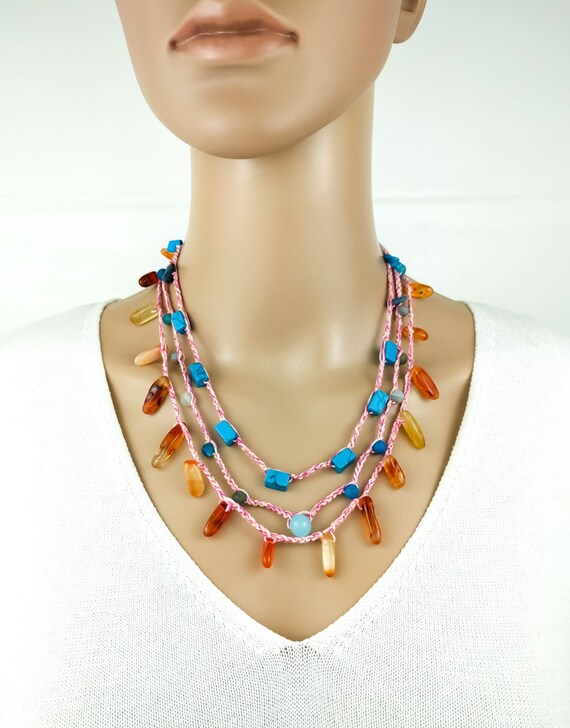 Multi-Strand Necklace Turquoise Carnelian Agate Crocheted chain with Semi precious stones Artisan Boho Hippie Beaded Cotton Red necklace