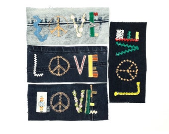 Parches Upcycled Denim LOVE Apliques Coser en parche Embellecimiento visible Reparación Parches de mezclilla artesanales Parches artesanales