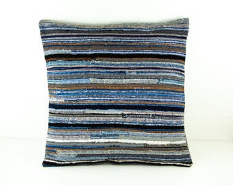 Cushion Pillow Cover Patchwork Upcycled Denim Striped Designer Artisan Decorative Pillow Boho Eclectic Home Decor Denim Throw Pillow
