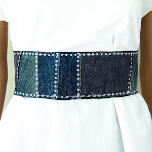 Wide Belt Upcycled Denim Patchwork Artisan Boho Hippie Gipsy Grunge Women's Fabric Cloth Belt White Embroidery Navy Blue