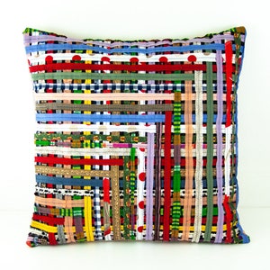 Cushion Pillow Cover Upcycled Fabric Woven Patchwork Cotton Linen Designer Decorative Pillow Home Decor Boho Eclectic Colorful Multicolor