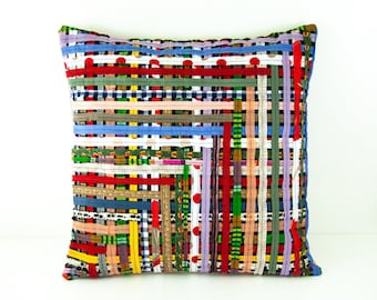 Cushion Pillow Cover Upcycled Fabric Woven Patchwork Cotton Linen Designer Decorative Pillow Home Decor Boho Eclectic Colorful Multicolor