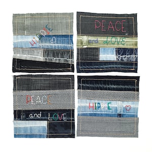 Patches Upcycled Denim Hand Embroidered Peace and Love Hippie Denim Patchwork Slow Stiching Sew On Patch Embellishment Visible mending