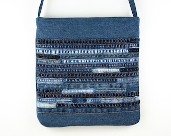 Crossbody Bag Upcycled Denim Patchwork Striped Denim Bag Artisan Boho Hippie Bag Fabric Cloth Patchwork Shoulder Bag