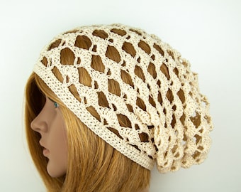 Bonnet d'été en coton crocheté à la main en dentelle longue surdimensionnée, léger et ample, chapeau de plage, bonnet bohème hippie décontracté chic bonnet crème ivoire