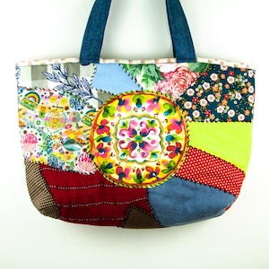 Shoulder Bag Colorful Patchwork Mandala Multicolor Hand Stitched Patchwork Top Handle Bag Upcycled Fabric Bag Boho Hippie Artisan Bag