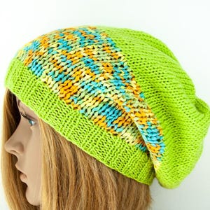 Beanie Cotton Hand knitted Long Slouchy Unisex Hat Cap Boho Hippie Beanie Multicolor  Bright Neon Green Pistachio green Beanie Color blend